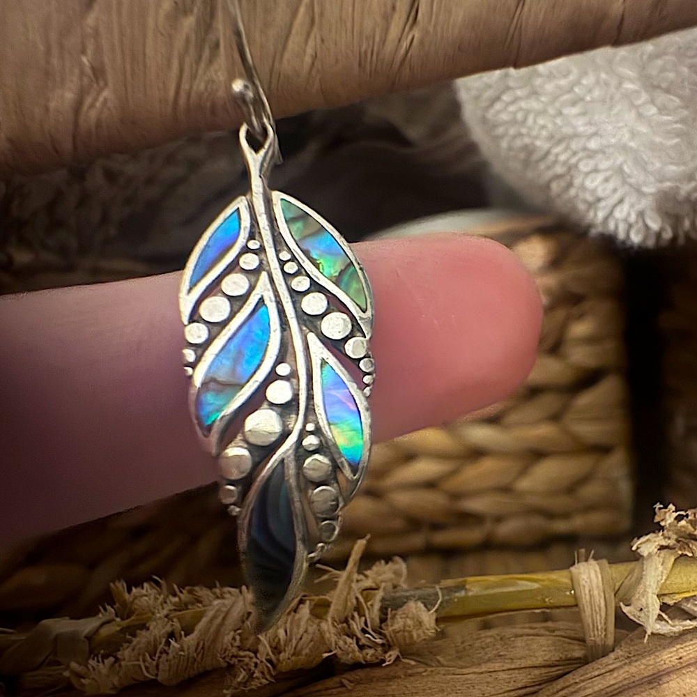 Sterling Silver Abalone Inlay Feather Earrings - image 2